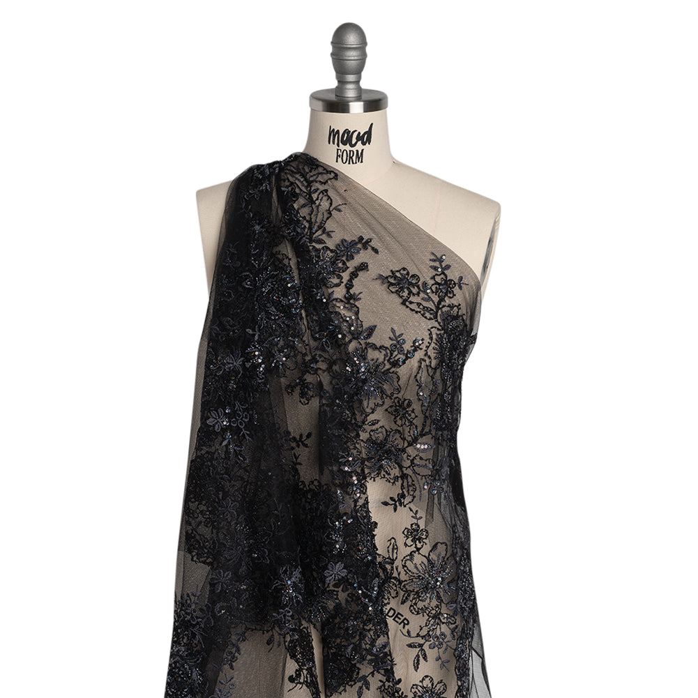 Embroidered and Beaded Lace with Holographic Sequins - Black and Gray Rose Garden