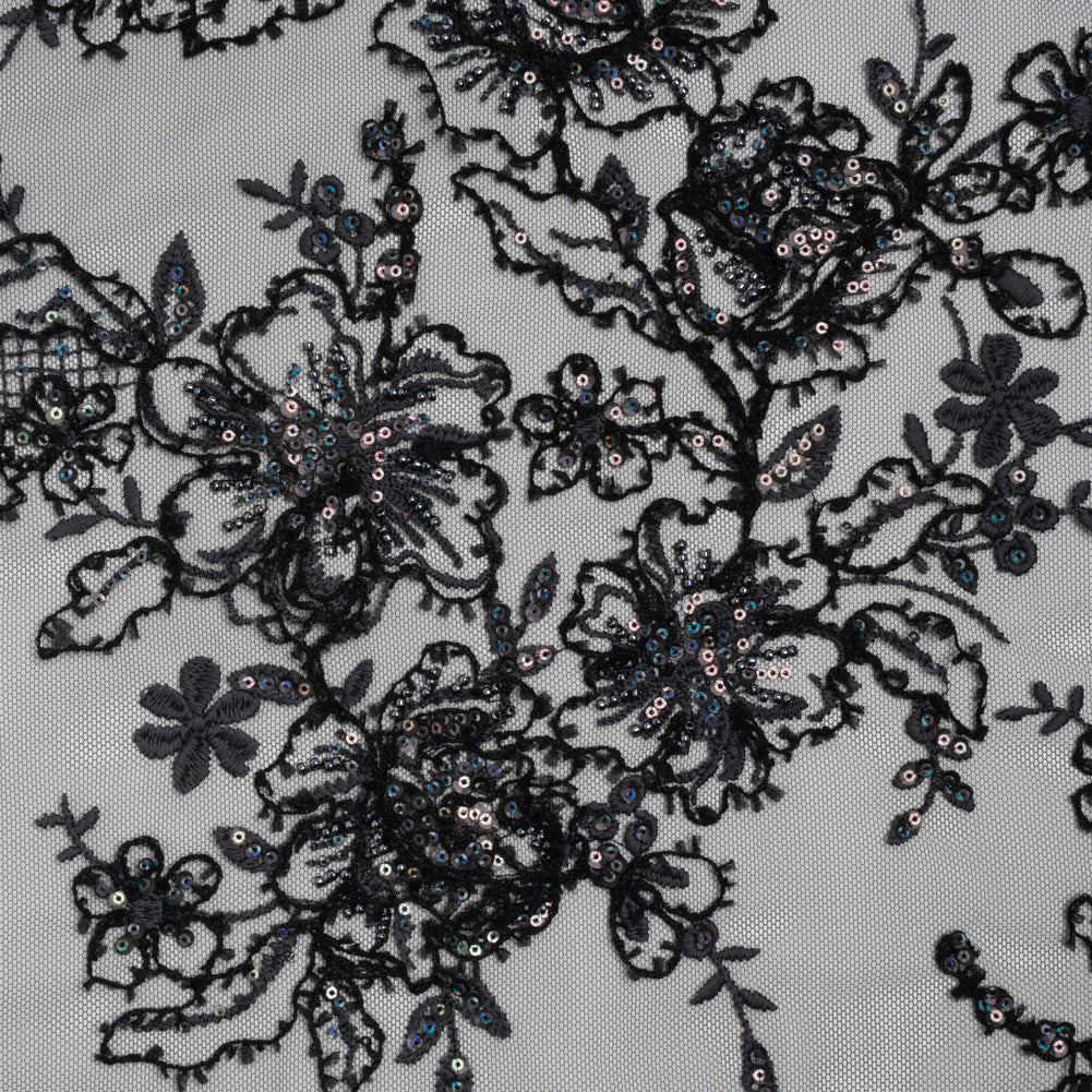 Embroidered and Beaded Lace with Holographic Sequins - Black and Gray Rose Garden