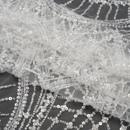 Embroidered Lace with Beads and Sequins - White and Silver Geometric Archways