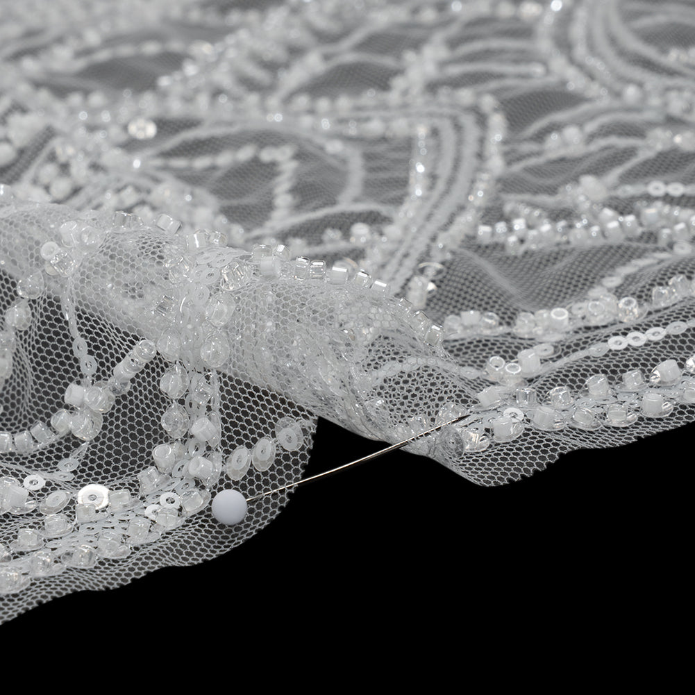 Embroidered Lace with Beads and Sequins - White and Silver Geometric Archways - Detail
