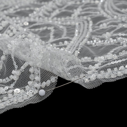 Embroidered Lace with Beads and Sequins - White and Silver Geometric Archways