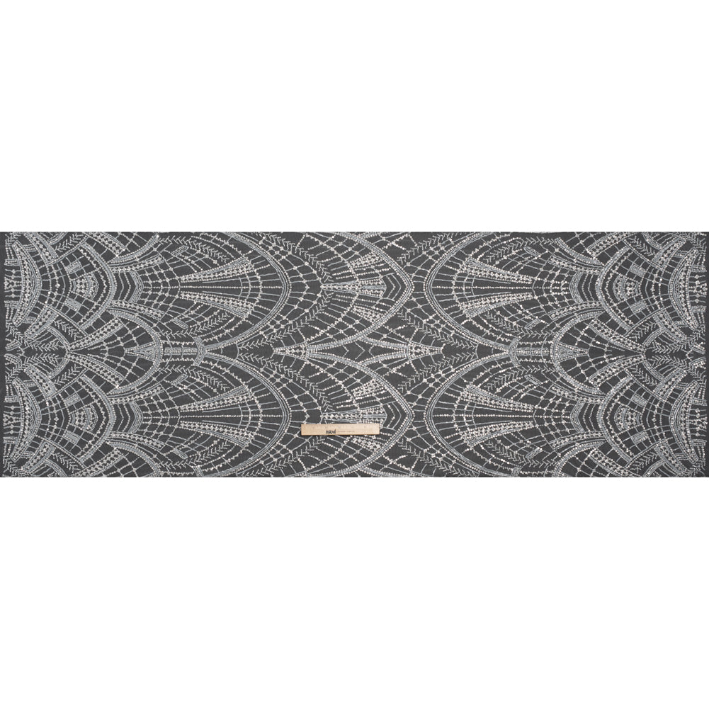 Embroidered Lace with Beads and Sequins - White and Silver Geometric Archways - Full
