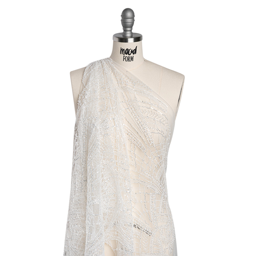 Embroidered Lace with Beads and Sequins - White and Silver Geometric Archways - Drape