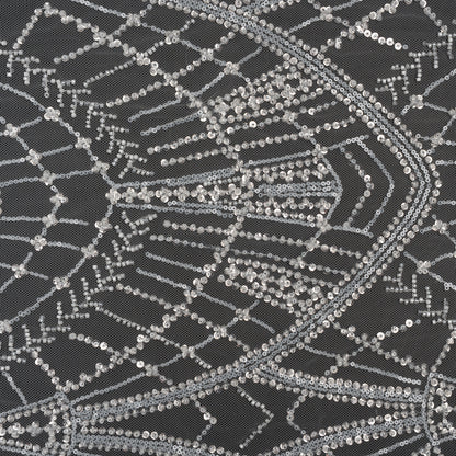 Embroidered Lace with Beads and Sequins - White and Silver Geometric Archways