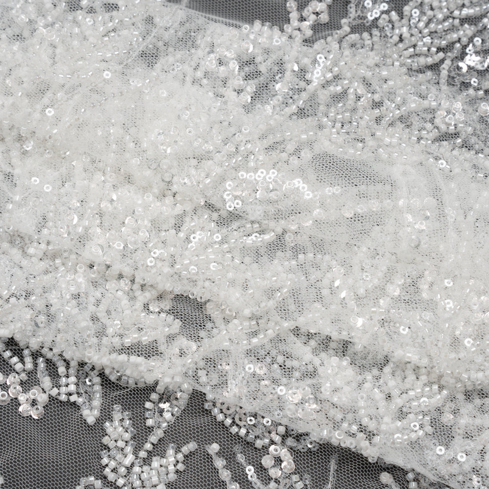 Beaded and Sequined Lace - White Leafy Border