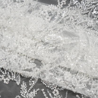 Beaded and Sequined Lace - White Leafy Border