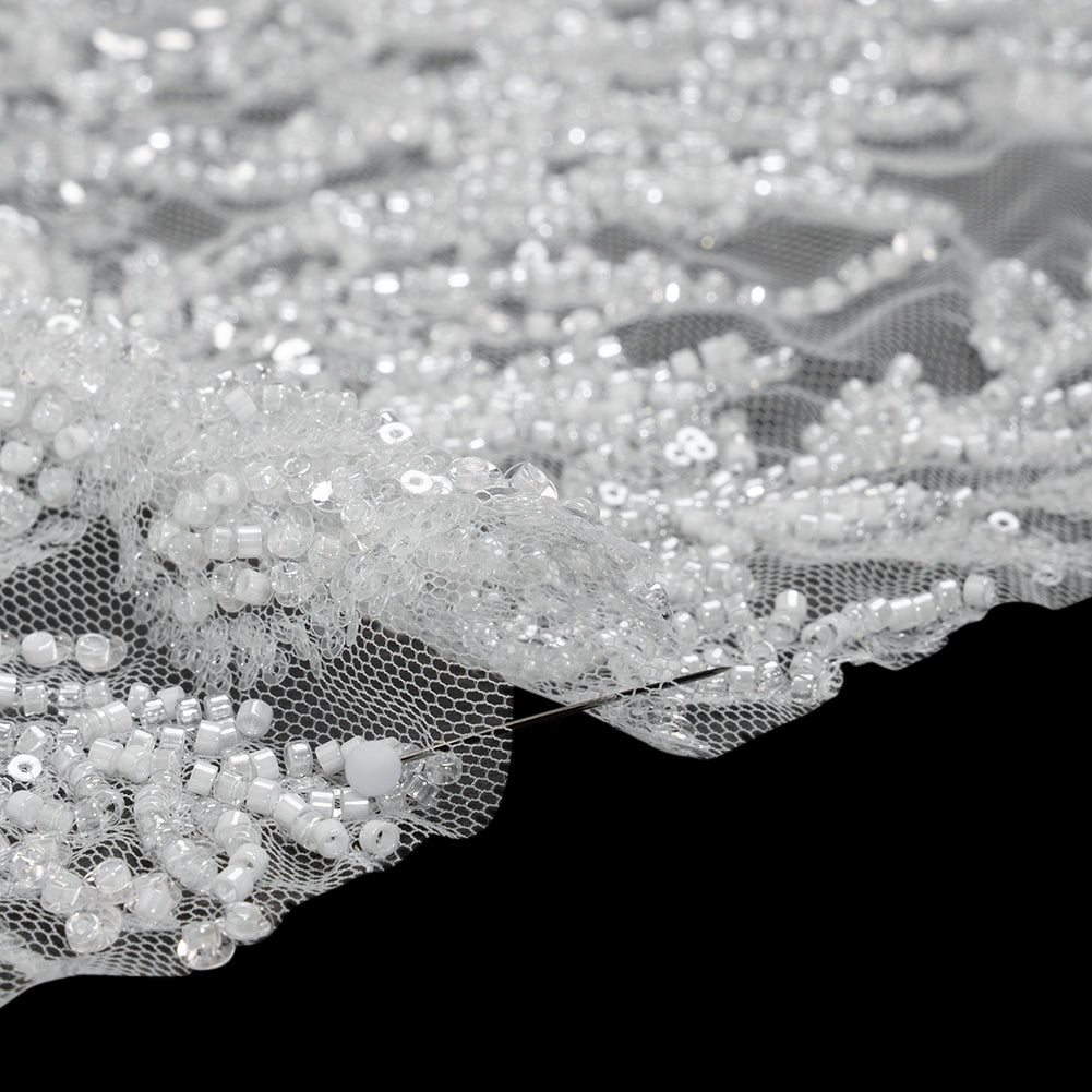 Beaded and Sequined Lace - White Leafy Border