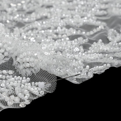 Beaded and Sequined Lace - White Leafy Border