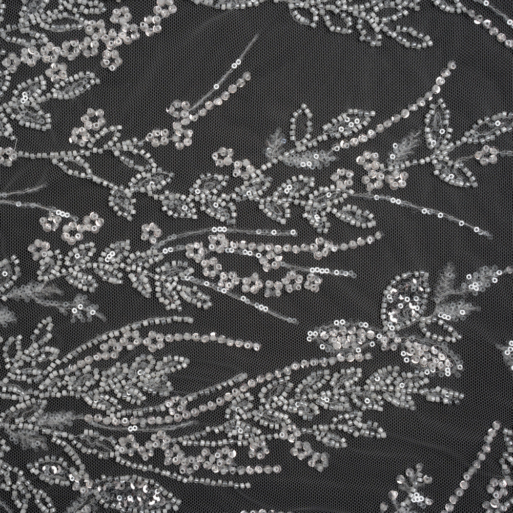 Beaded and Sequined Lace - White Leafy Border