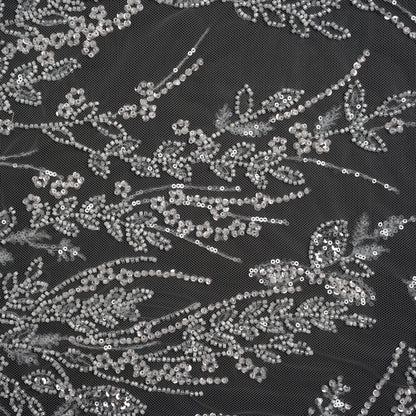 Beaded and Sequined Lace - White Leafy Border