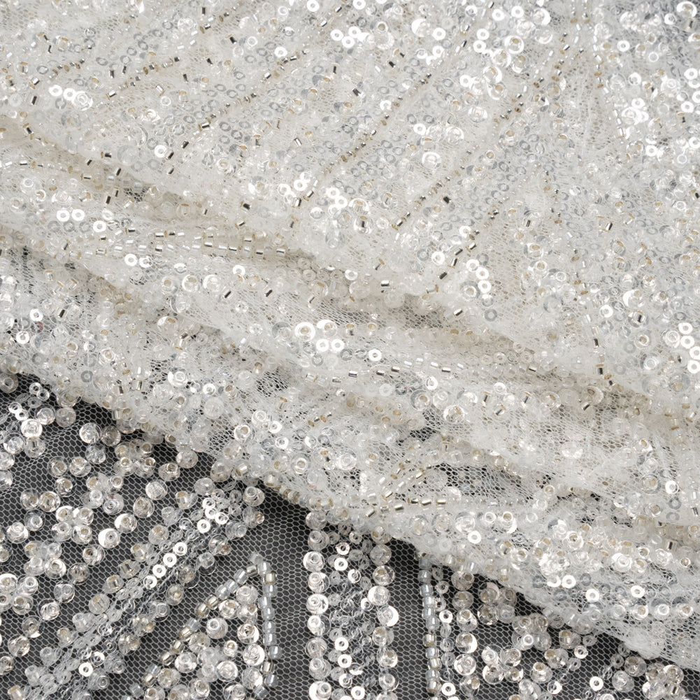 Beaded and Sequined Lace - White and Silver Geometric - Folded