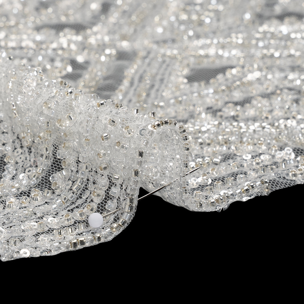 Beaded and Sequined Lace - White and Silver Geometric - Detail