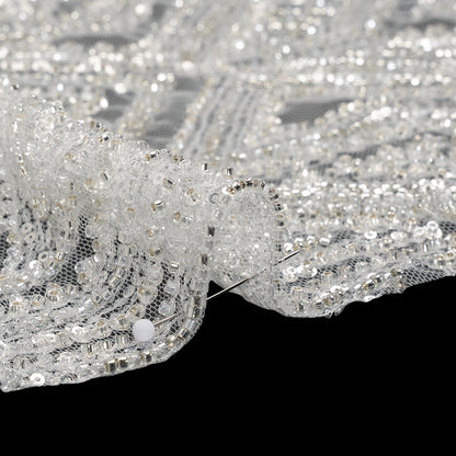 Beaded and Sequined Lace - White and Silver Geometric