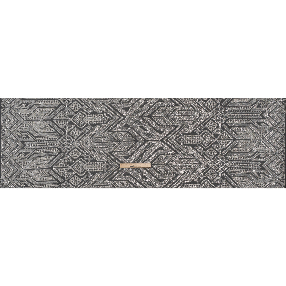 Beaded and Sequined Lace - White and Silver Geometric - Full