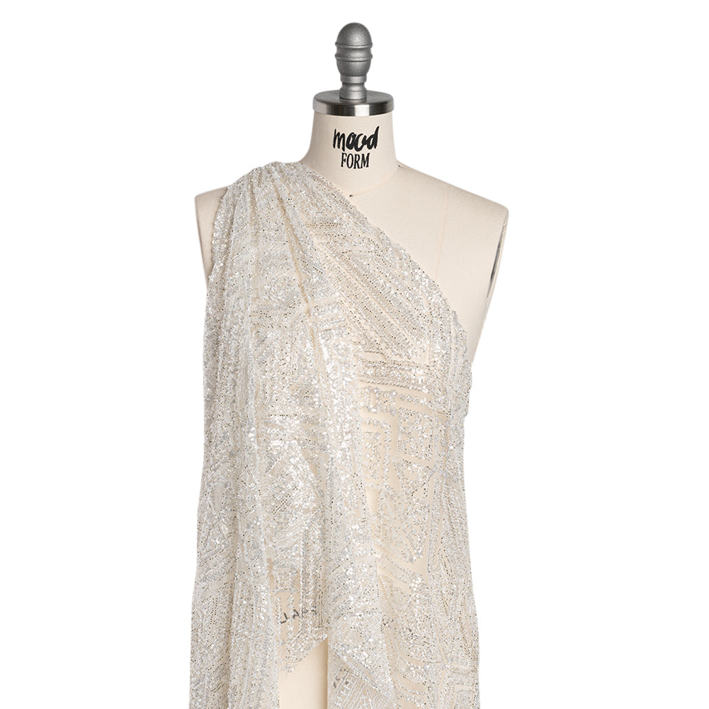 Beaded and Sequined Lace - White and Silver Geometric - Drape
