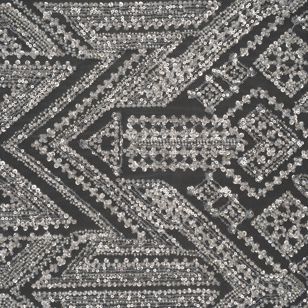 Beaded and Sequined Lace - White and Silver Geometric