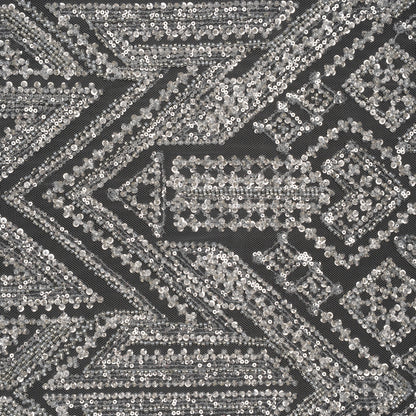 Beaded and Sequined Lace - White and Silver Geometric