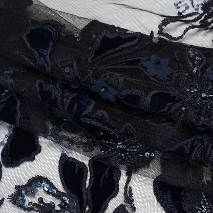 Embroidered 3D Lace with Beading and Velvet Applique - Navy Blue Floral