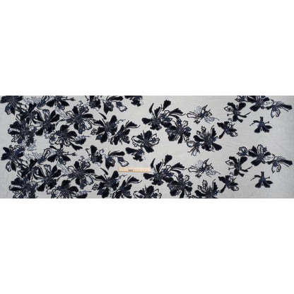 Embroidered 3D Lace with Beading and Velvet Applique - Navy Blue Floral