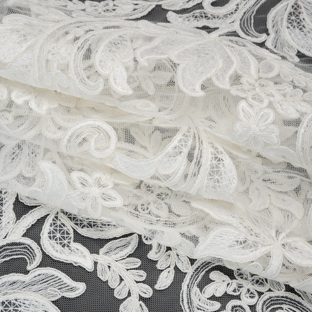 Embroidered Corded Lace with Finished Edges - Ivory Floral Scrolls - Folded