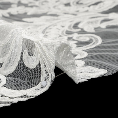 Embroidered Corded Lace with Finished Edges - Ivory Floral Scrolls