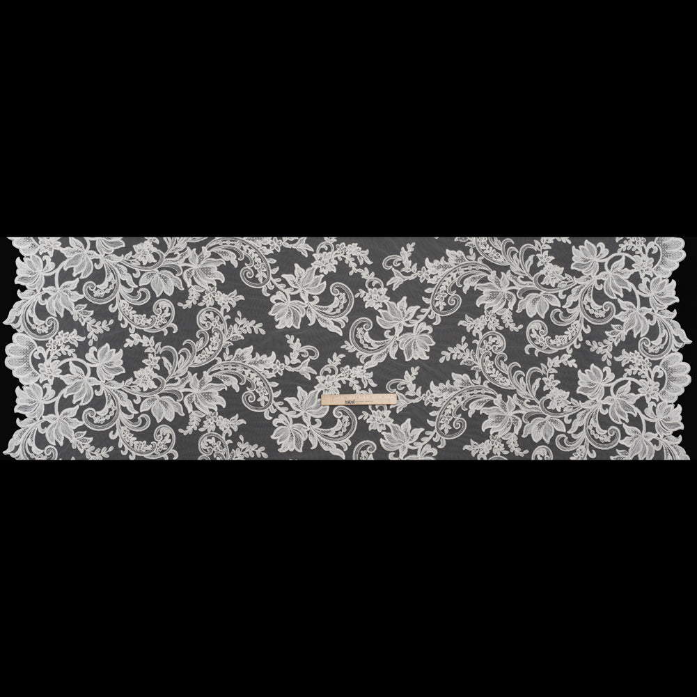 Embroidered Corded Lace with Finished Edges - Ivory Floral Scrolls - Full