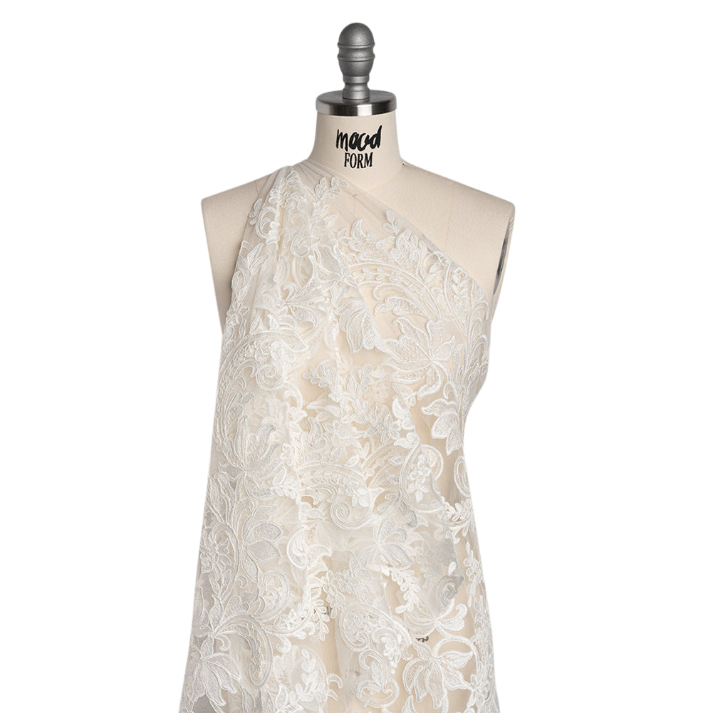 Embroidered Corded Lace with Finished Edges - Ivory Floral Scrolls - Drape