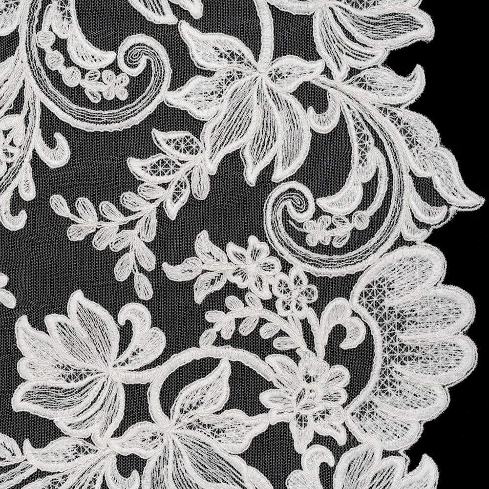 Embroidered Corded Lace with Finished Edges - Ivory Floral Scrolls