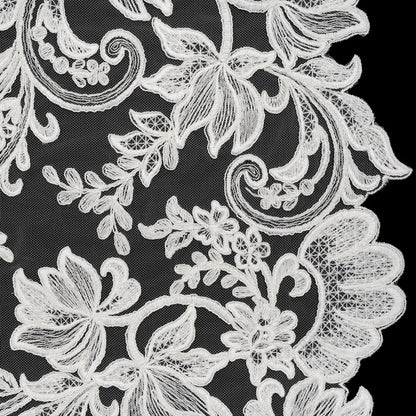 Embroidered Corded Lace with Finished Edges - Ivory Floral Scrolls