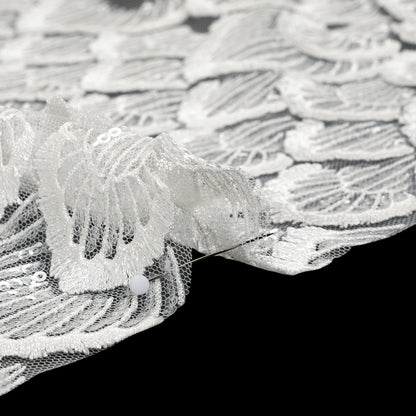 Embroidered Lace with Clear Baby Sequins - Ivory Fringed Petal-Like Scales