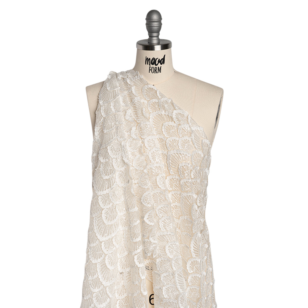 Embroidered Lace with Clear Baby Sequins - Ivory Fringed Petal-Like Scales