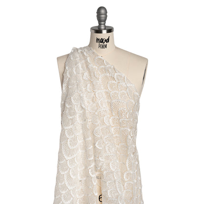 Embroidered Lace with Clear Baby Sequins - Ivory Fringed Petal-Like Scales