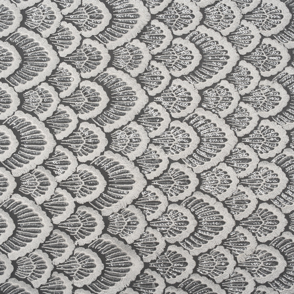 Embroidered Lace with Clear Baby Sequins - Ivory Fringed Petal-Like Scales