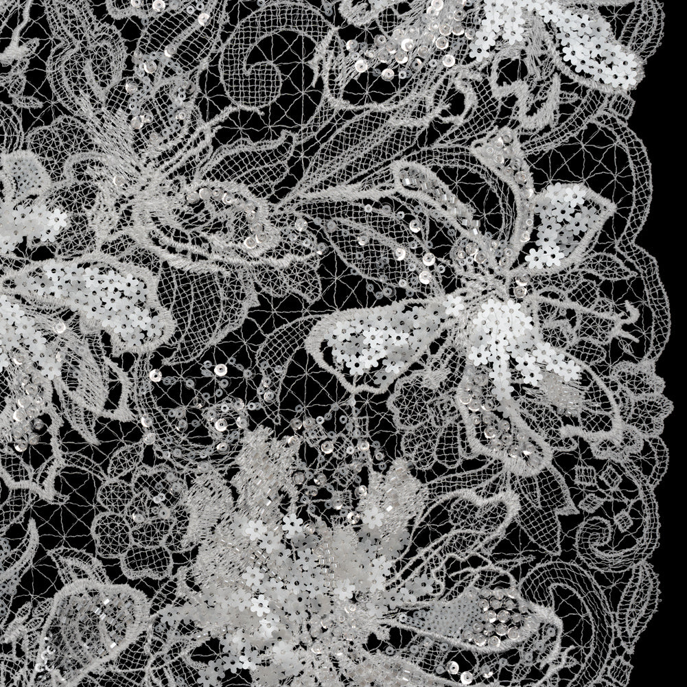 Re-Embroidered Webbed Lace with Beads and Flower-Shaped Sequins - Off White Floral