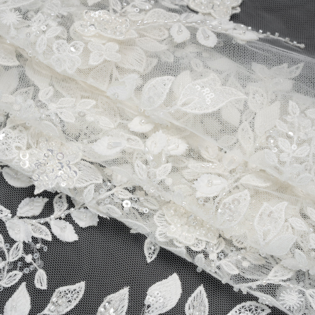 Embroidered 3D Lace with Beads and Sequins - White Floral Vines - Folded