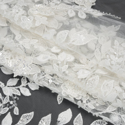 Embroidered 3D Lace with Beads and Sequins - White Floral Vines