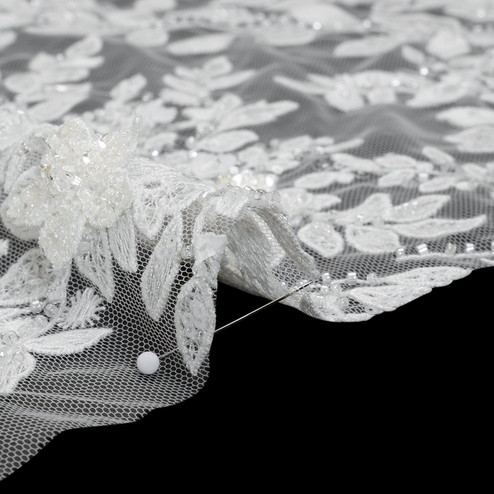 Embroidered 3D Lace with Beads and Sequins - White Floral Vines - Detail