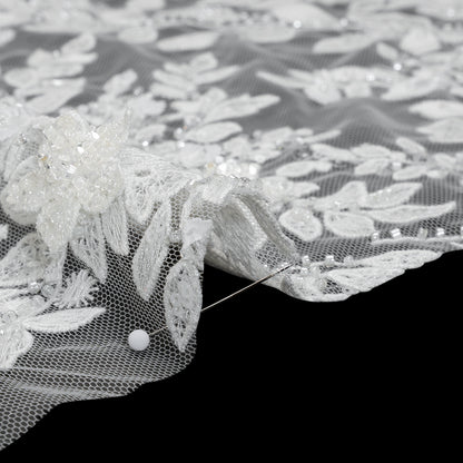 Embroidered 3D Lace with Beads and Sequins - White Floral Vines