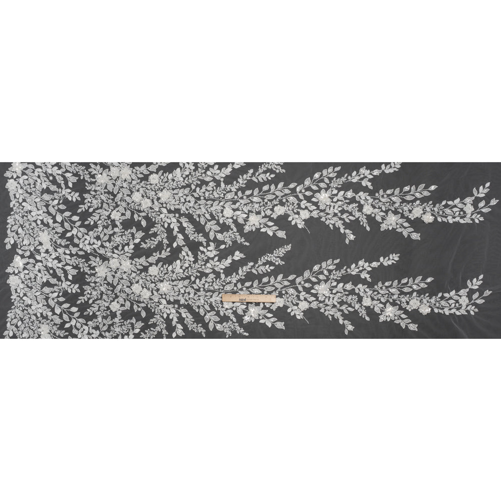 Embroidered 3D Lace with Beads and Sequins - White Floral Vines - Full
