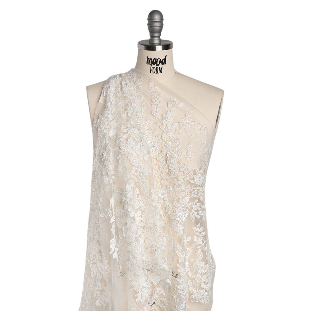 Embroidered 3D Lace with Beads and Sequins - White Floral Vines - Drape