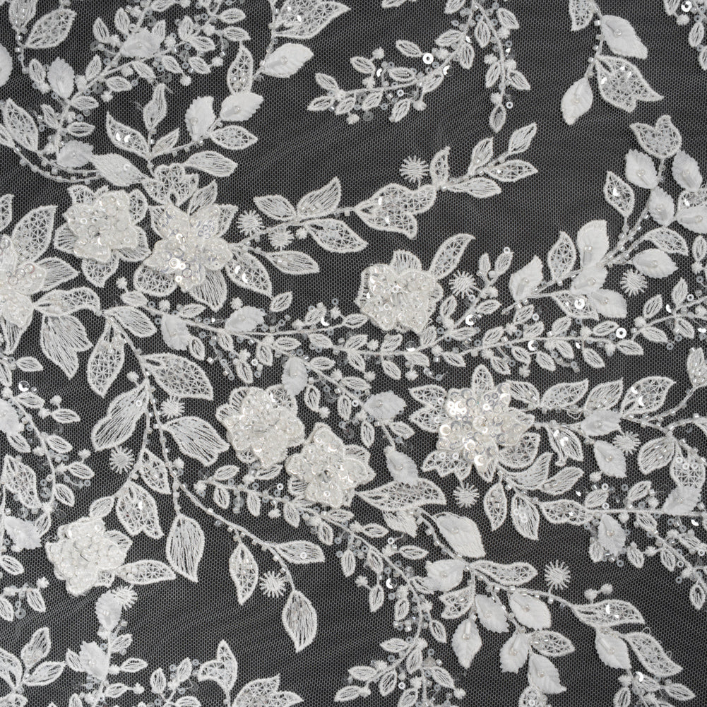 Embroidered 3D Lace with Beads and Sequins - White Floral Vines