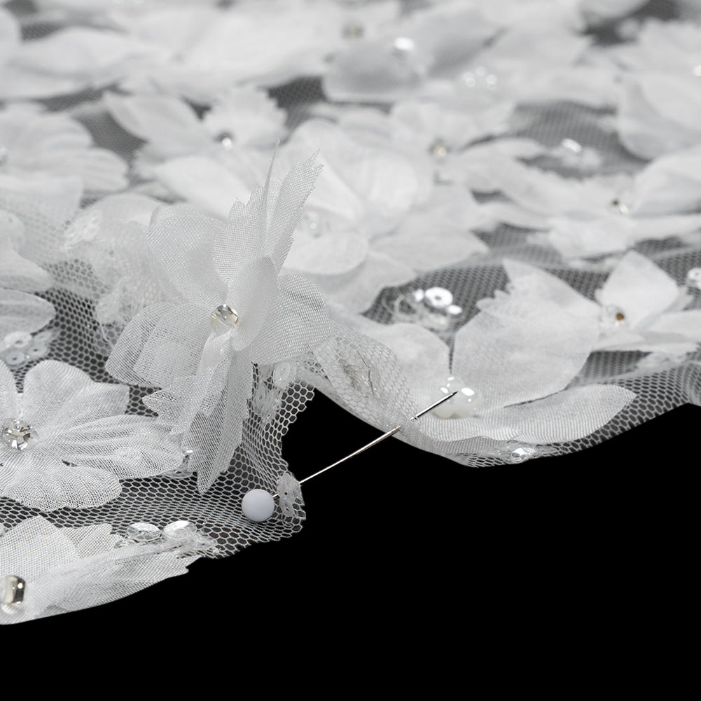 Beaded and Sequined Lace with 3D Fabric Flowers - White Floral with Clear Beads