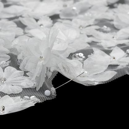 Beaded and Sequined Lace with 3D Fabric Flowers - White Floral with Clear Beads