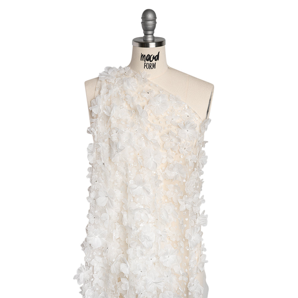 Beaded and Sequined Lace with 3D Fabric Flowers - White Floral with Clear Beads