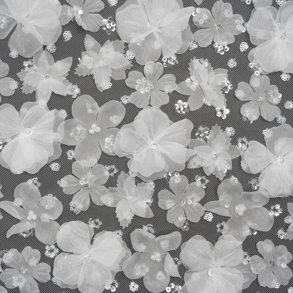 Beaded and Sequined Lace with 3D Fabric Flowers - White Floral with Clear Beads