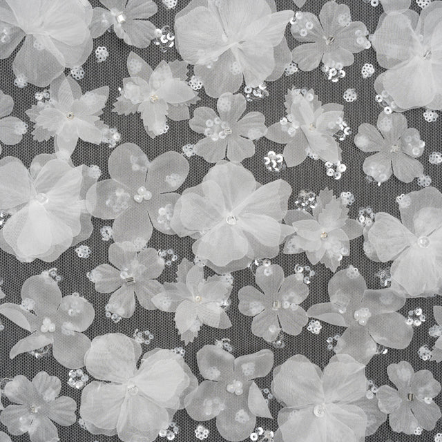 Beaded and Sequined Lace with 3D Fabric Flowers - White Floral with Clear Beads