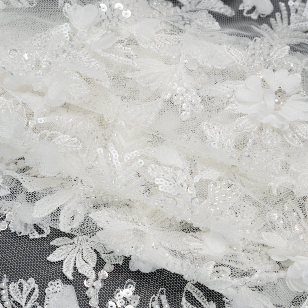 Beaded and Sequined Embroidered Lace with 3D Fabric Flowers - White Floral Vines - Folded