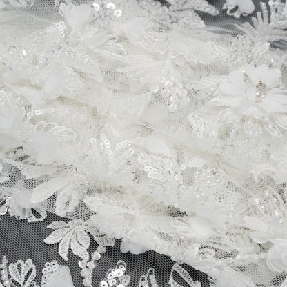 Beaded and Sequined Embroidered Lace with 3D Fabric Flowers - White Floral Vines