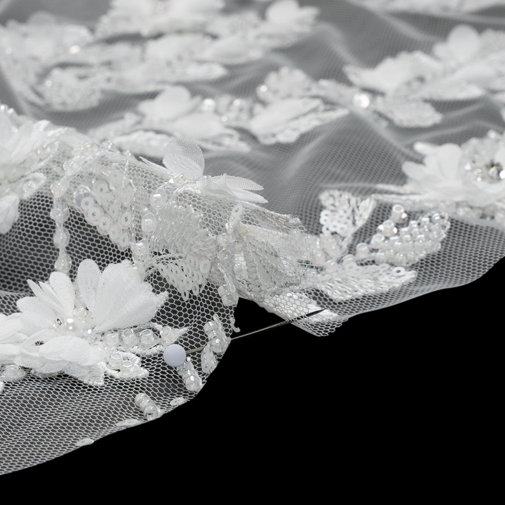 Beaded and Sequined Embroidered Lace with 3D Fabric Flowers - White Floral Vines - Detail