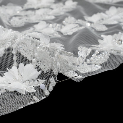 Beaded and Sequined Embroidered Lace with 3D Fabric Flowers - White Floral Vines
